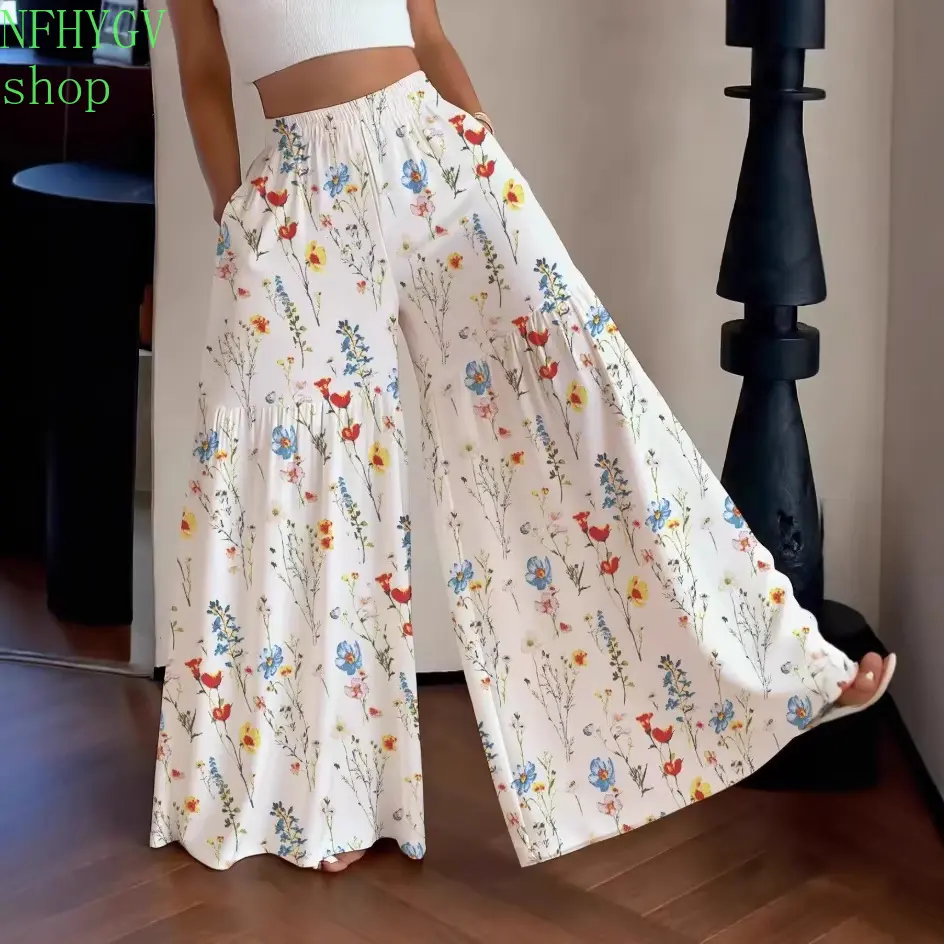 Women’s Floral Print Wide Leg Pants, Elastic High Waist Ruffle Tiered Flowy Palazzo Trousers, Loose Fit Pants With Pockets For Summer Vacation, Beach And Daily Outfit Occasions