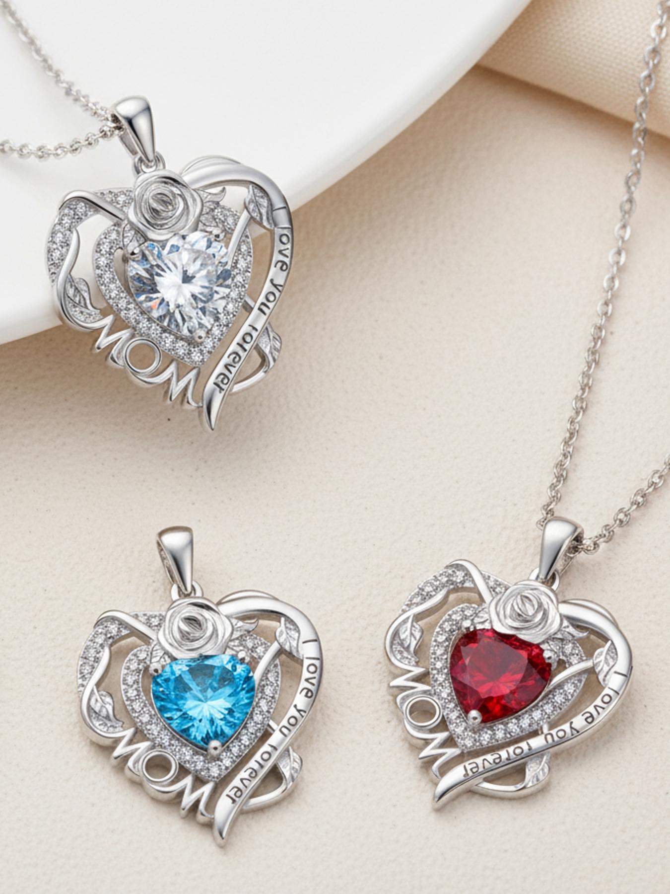 Rose Heart Mom Necklace With Rose Jewelry Gift Box, Love Heart Necklace, Flower Heart Pendant Necklace for Mother, Christmas Birthday Mother's Day Jewelry Gift for Mom Grandma