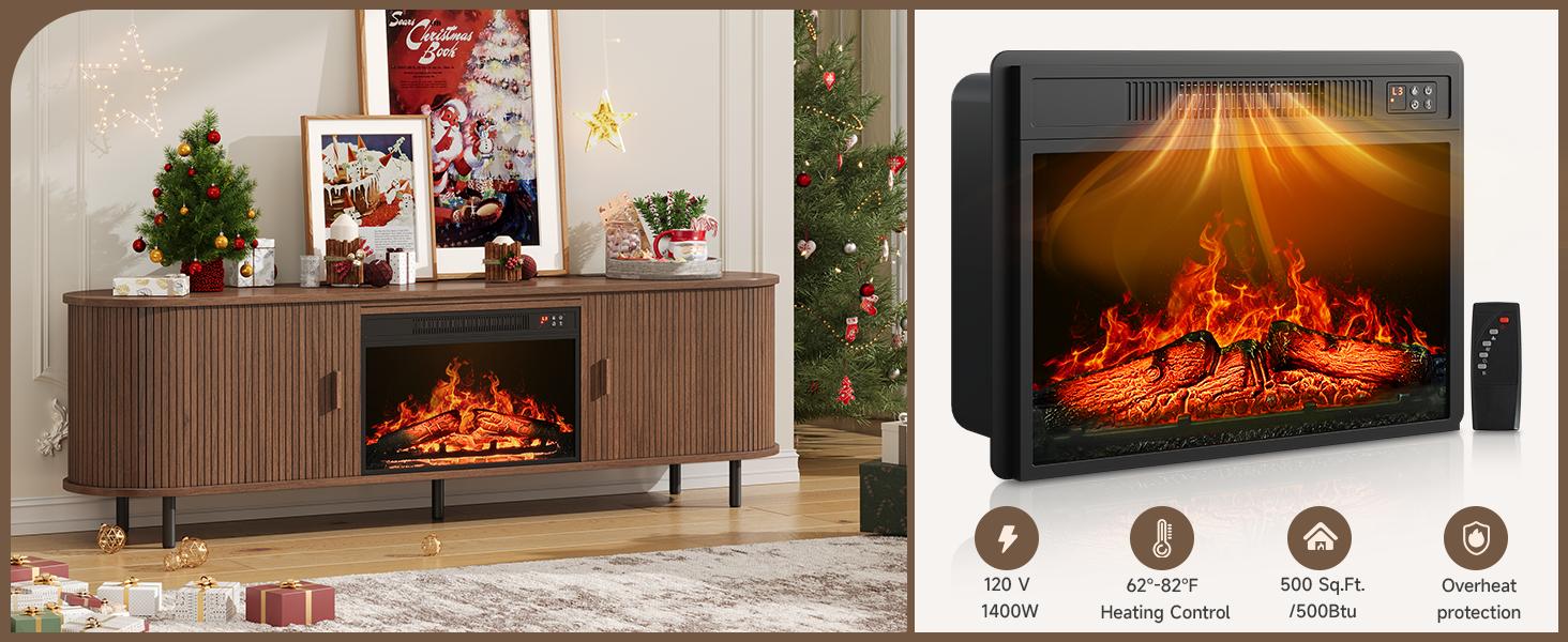 【Include 23" Electric Fireplace】ONBRILL 63"/70" Gorgeous Fluted Fireplace TV Stand for TVs up to 70", Modern Entertainment Center with Power Outlet , TV Media Console with Storage for Living Room, Bedroom Furniture,Christmas Gift
