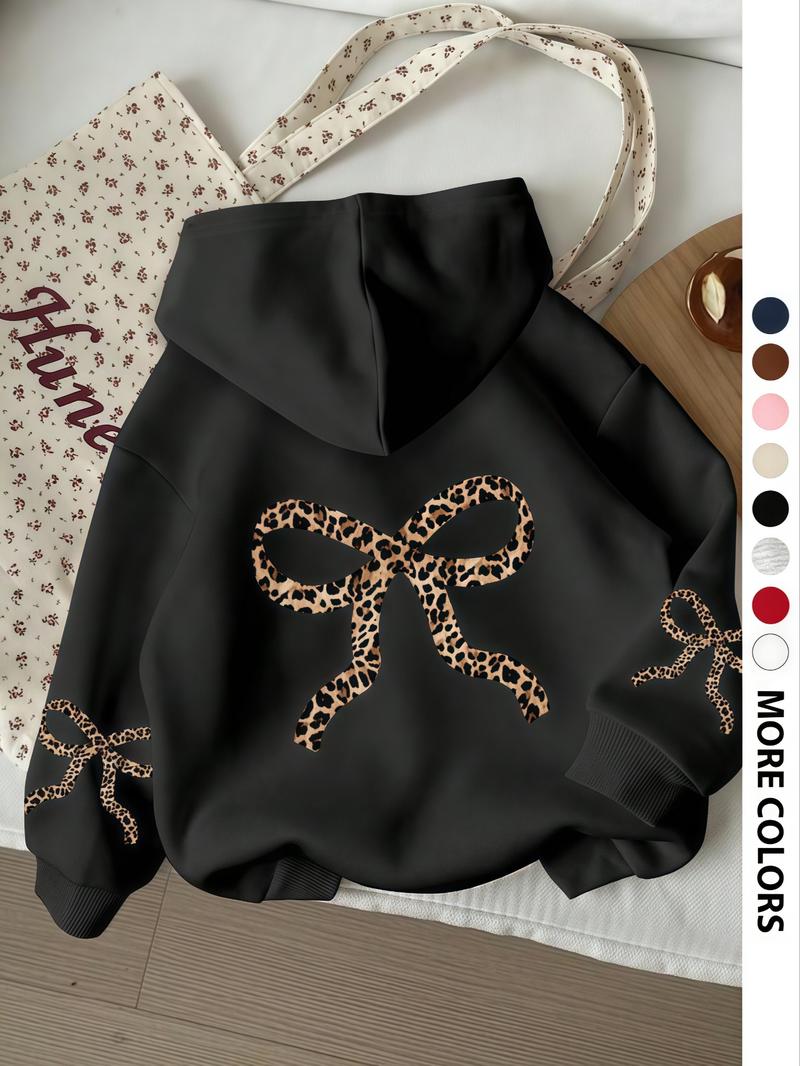 Women's Vintage Leopard Bow Design Hoodie, Casual Long Sleeve Sweatshirt, Fall & Winter Clothing, Daily Wear