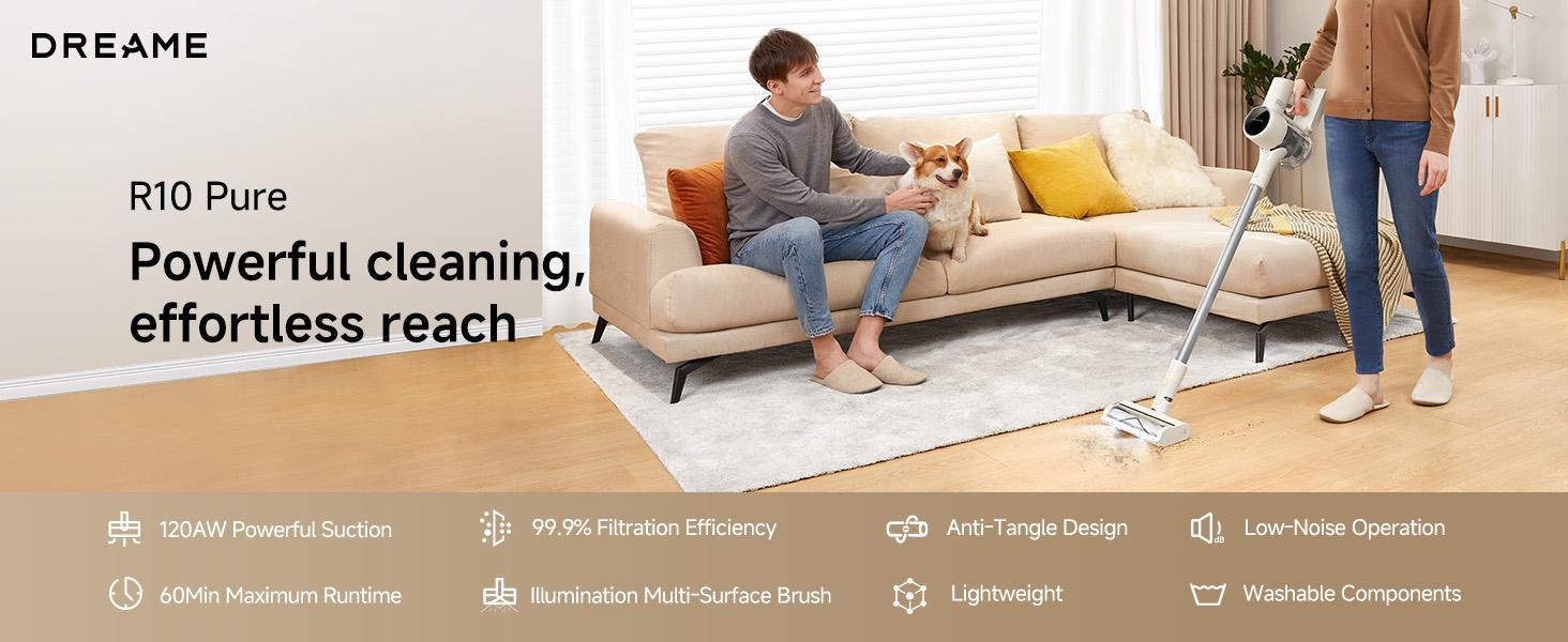 DREAME R10 Pure Cordless Vacuum Cleaner, Stick Vacuum Cleaner for Home, 120AW Powerful Suction, Anti-Tangle, LED Headlights, Up to 60 Mins Runtime, Lightweight for Carpet, Hard Floor, Pet Hair