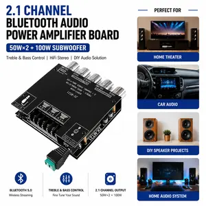 2.1 Channel Bluetooth Audio Power Amplifier Board, 50W*2 + 100W Subwoofer Amplifier Module, Treble and Bass Control, HiFi Stereo DIY BT Speaker Amp Board, Home Theater Audio Amplifier, Wireless Audio Receiver Module for Car, Home, and Speaker Projects
