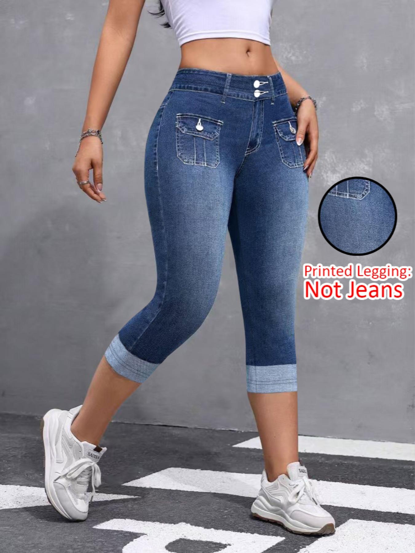 Women's Tight Fit Seven-Quarter Pants, Faux Denim Print, Slim-Fitting Casual Bottoms, All Season Wear, Comfortable and Stylish