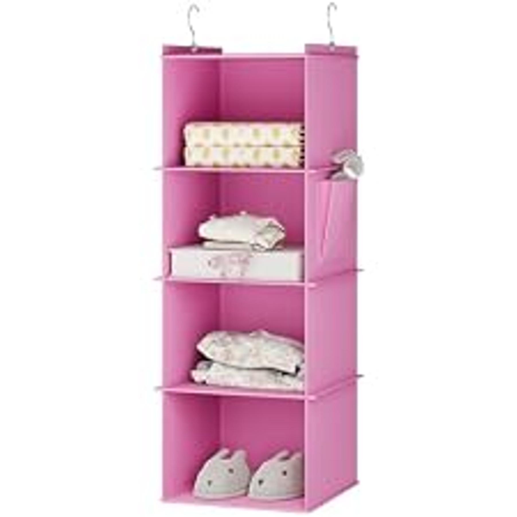 Colorful Bamboo 6-Shelf Weekly Hanging Closet Rack with Insert Hooks & 2 Side Pockets, Pink Kids’ Clothes Organizer