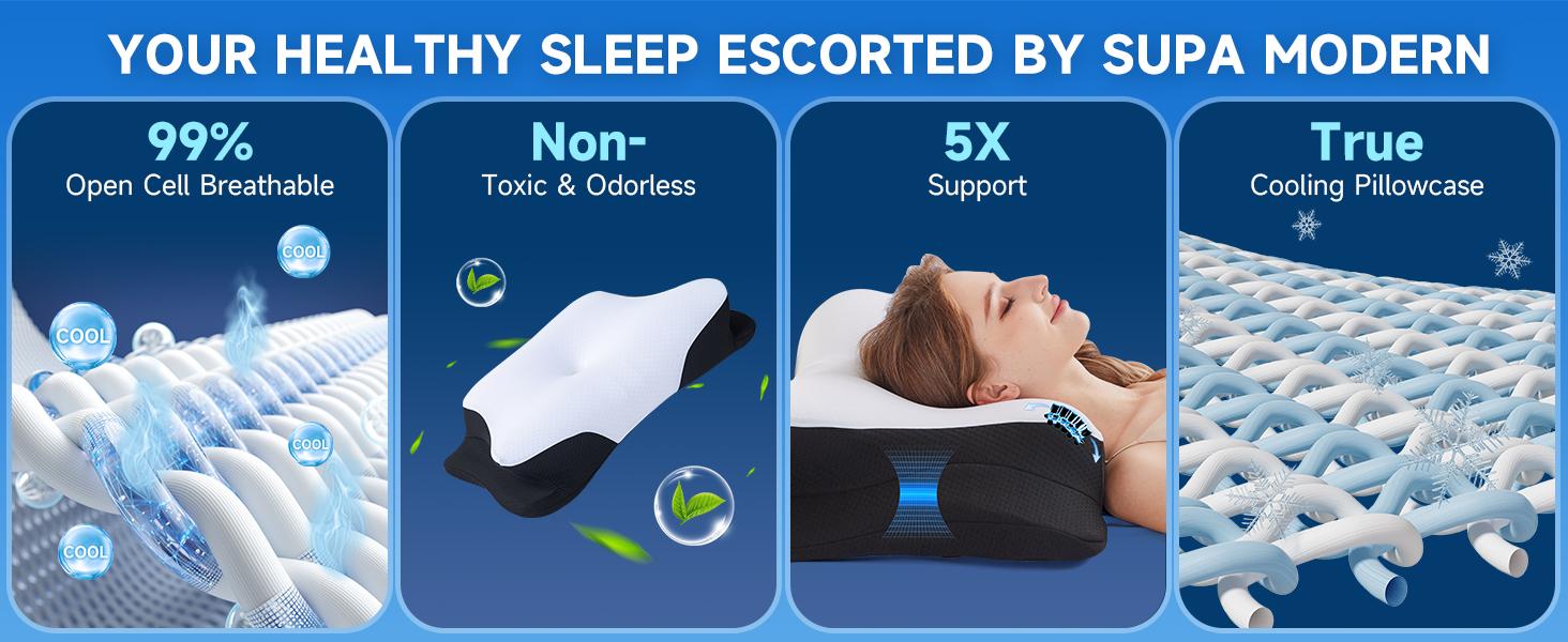 SUPA MODERN Ergonomic Cooling Cervical Memory Foam Neck Support Pillow, Hollow Design 1 Count Comfortable Contour Pillow, Dual Height Support Adjustable Bed Pillow for Sleeping, almohada, Bedroom Decorations, Valentine's Day Gift, Gifts for boyfriend