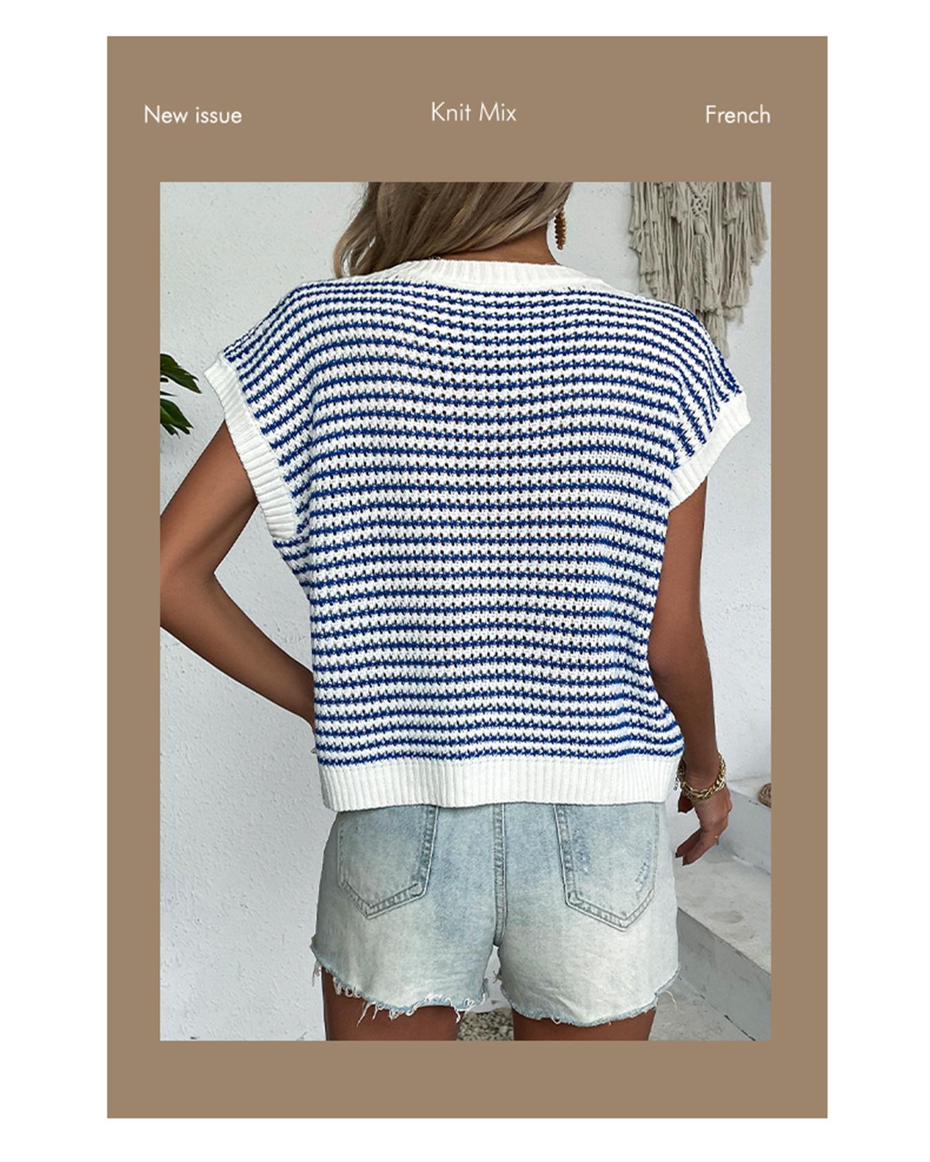 Women's Striped Knitted Vest Top, Round Neck Cap Sleeve Casual Loose Fit, Elegant Summer Fashion, Versatile Women's Knitwear
