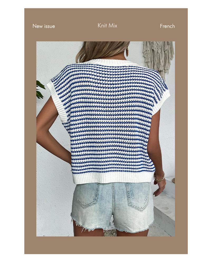 Women's Striped Knitted Vest Top, Round Neck Cap Sleeve Casual Loose Fit, Elegant Summer Fashion, Versatile Women's Knitwear