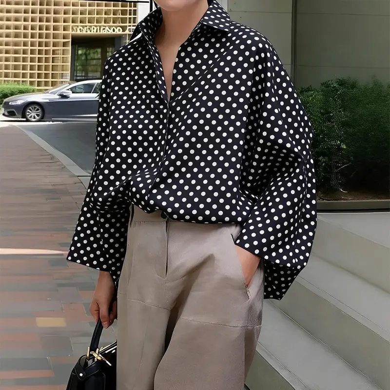Women's Chic Collared Polka Dot Button-Down Blouse - 100% Polyester Lightweight Fabric, Oversized Loose-Fit, Draped Batwing Sleeves, High-Low Hem, All-Seasons Basics Tops for Women, Thanksgiving, Easter