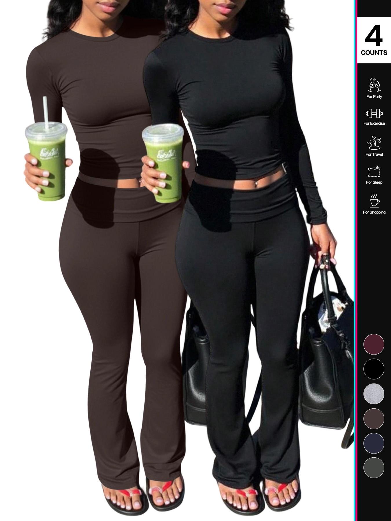 Women's 2 Piece, Foldover Flare Pants & Long Sleeve Crew Neck T-Shirt, Fitted Pajama Sets, Casual Comfortable Sleepwear