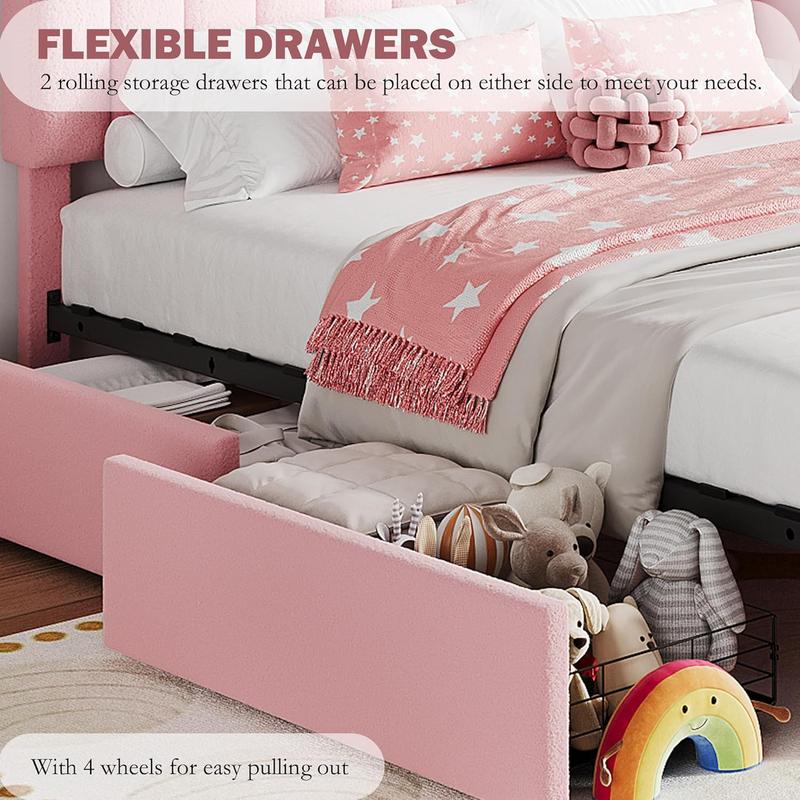 Twin Size Bed Frame with 2 Flexible Drawers, Boucle Upholstered Platform Bed Frame with Bookcase Headboard, Bedframe for Kids/Girls, Easy Assembly, No Box Spring Needed, Noise Free
