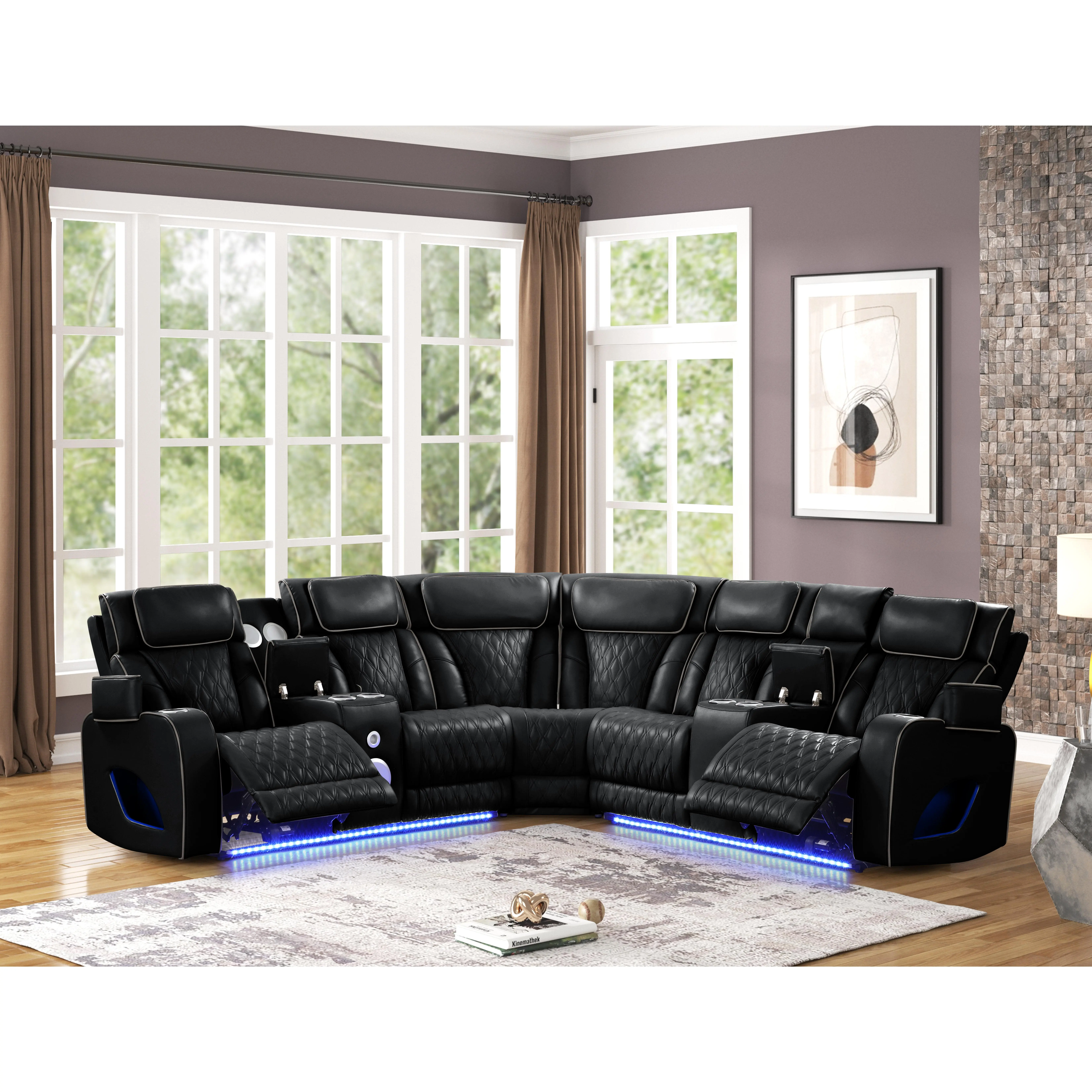 Nokaa Power Recliner Sectional Sofa with Massage, Bluetooth Speakers, LED Lights, Wireless Charging, USB Ports, Cup Holders, Storage, Faux upholstered, Wood Frame, Black, for Living Room, 194W x 40D x 42H in