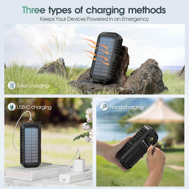 RETMSR 40,000mAh Solar Hand-Cranked Power Bank with SCP22.5W Fast Charging Outdoor Flashlight Compass 4 Cables for Fishing Camping Mountain Climbing
