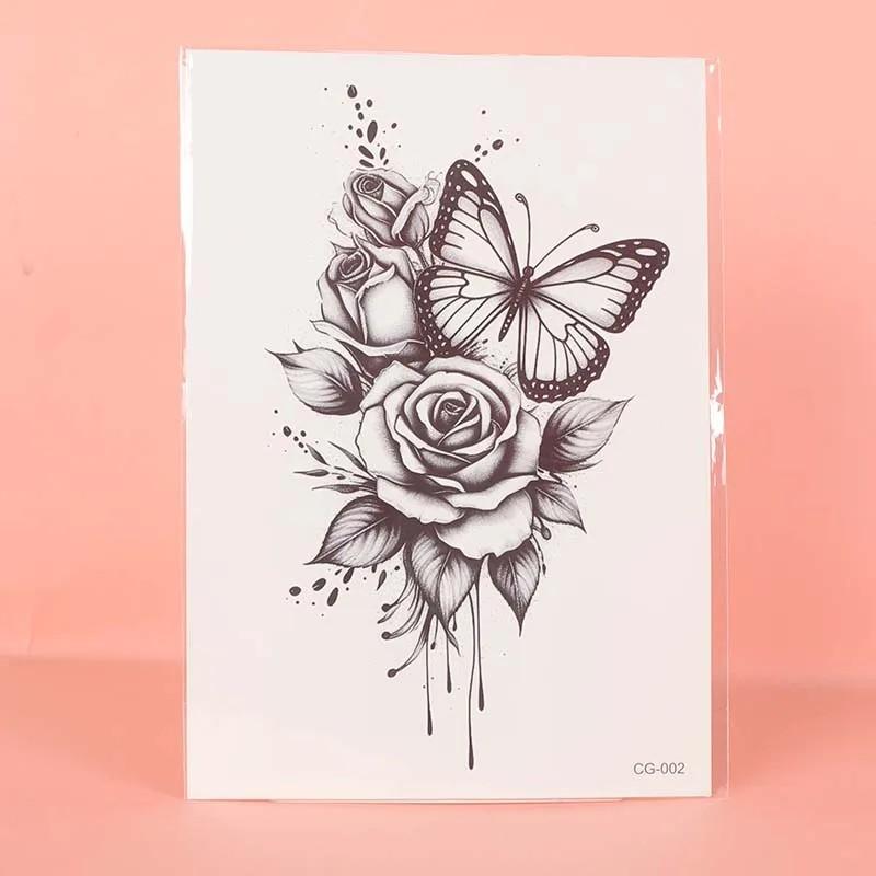 Butterfly and Rose Waterproof Temporary Tattoo, Long-Lasting Realistic Fake Tattoo for Men and Women, Arm and Leg Tattoos