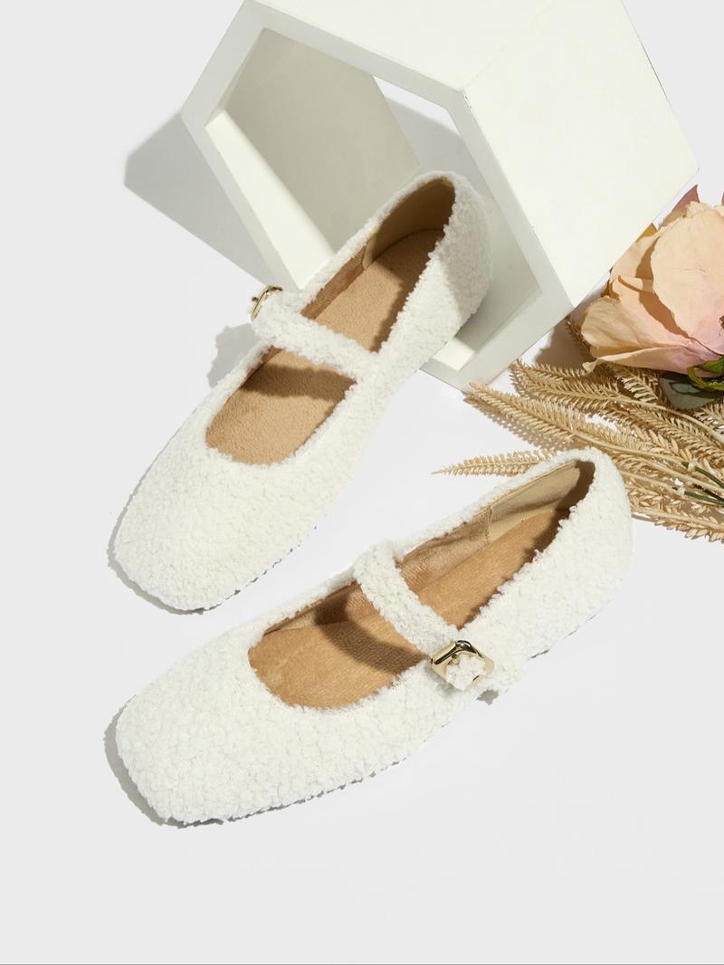 Women's Fashion Flat Square Toe Faux Fur Single Shoe, Retro Style, Comfortable Outdoor Maternity Shoes, Spring & Fall, Furry Shoes