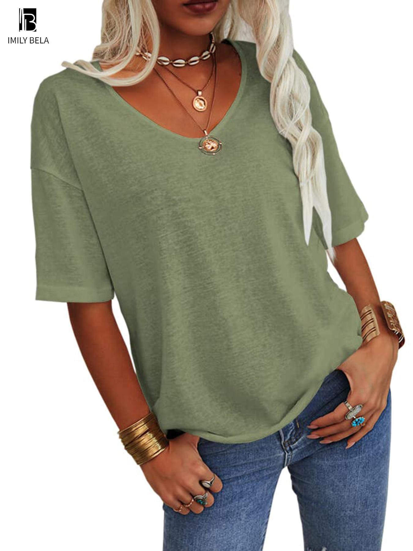 Women's Plain V Neck Drop Shoulder Tee, Casual Chic Minimalist Solid Color Half Sleeve T-shirt for Summer, Women's Basic Top for Daily Wear