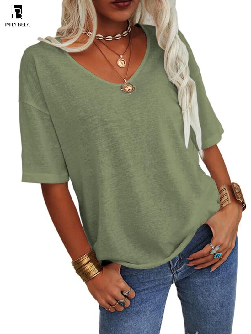 Women's Plain V Neck Drop Shoulder Tee, Casual Chic Minimalist Solid Color Half Sleeve T-shirt for Summer, Women's Basic Top for Daily Wear