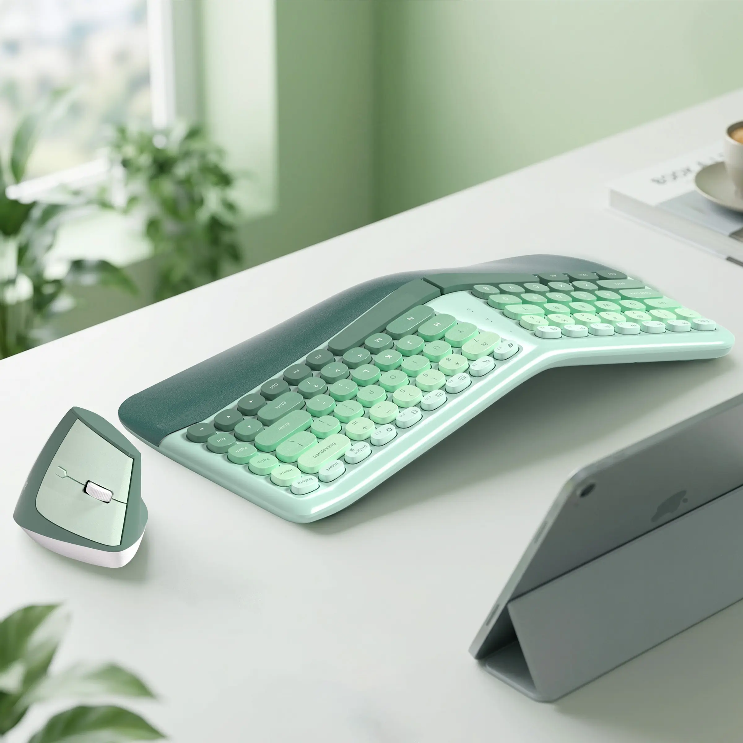 MOFii 707 Aesthetic Ergonomic Curved Wireless Keyboard Mouse Set, Gradient Green V-Shape Split Keyboard with Wrist Rest, 2.4G Wireless Vertical Mouse for Desktop Laptop, Ergonomic Keyboard And Mouse Wireless Combo