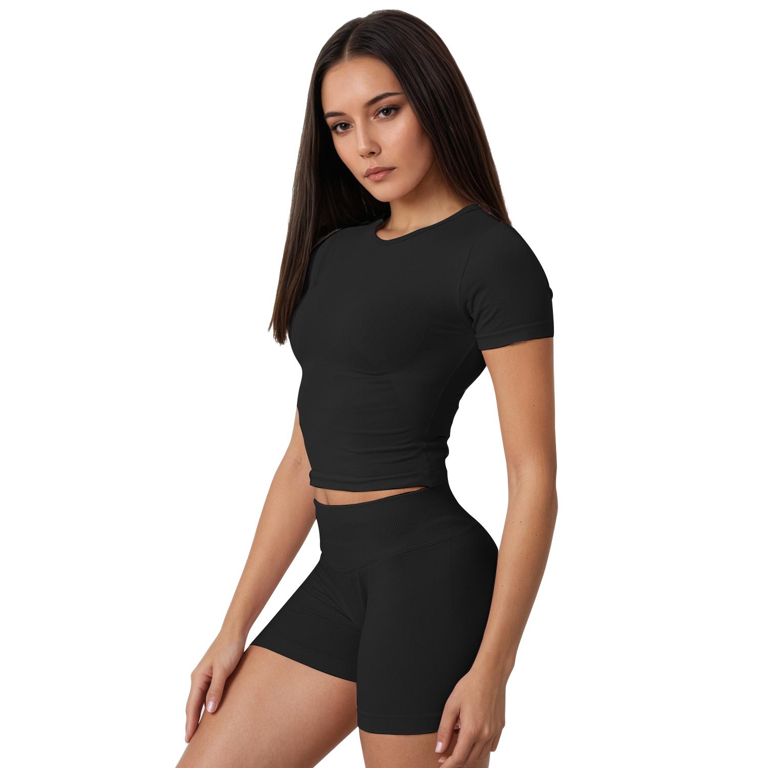 Jetjoy 2 Piece Workout Sets for Women, Long or Short Sleeve T Shirt Tank Top + Workout Shorts Butt Lifting Gym Seamless Booty Biker Shorts, Going Out Gym Sets Fitness Clothes Skinny Sportswear Compression Activewear Gymwear Fitness Clothes Mesh Athleisure