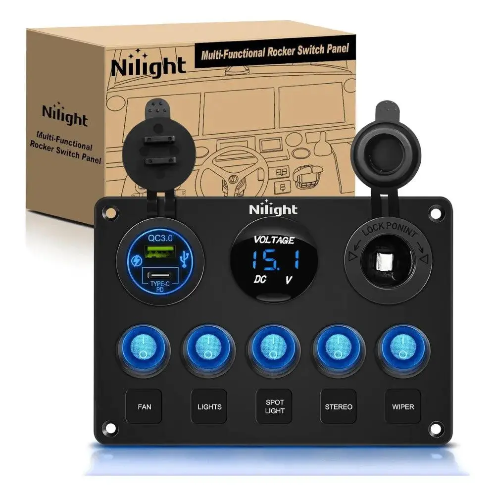 Nilight 5-Gang Multi-Function Switch Panel - Car Charging Hub with Car Gadgets, PD Fast Dual Charging, Type-C USB, Digital Voltmeter, Dual-Port Socket, Pre-Wire, Waterproof, DIY Stickers (GPS, Vacuum Cleaners Compatible for Trucks, Yacht)