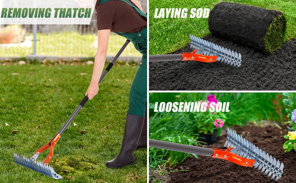 Walensee Thatch Rake, 15-Inch Lawn Thatching Rake, Robust Dethatcher Rake, Efficient Steel Metal Rake with Handle, Versatile Grass Grooming Rake for Cleaning Dead Grass