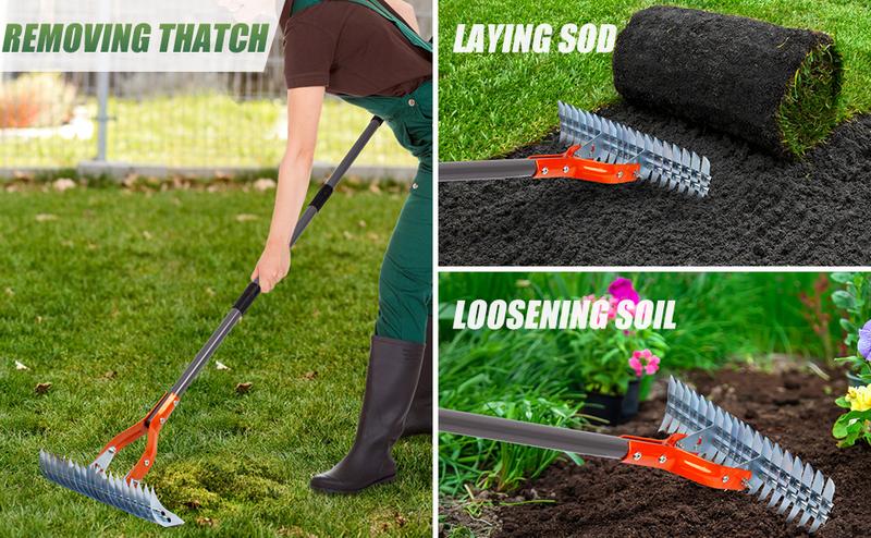 Walensee Thatch Rake, 15-Inch Lawn Thatching Rake, Robust Dethatcher Rake, Efficient Steel Metal Rake with Handle, Versatile Grass Grooming Rake for Cleaning Dead Grass