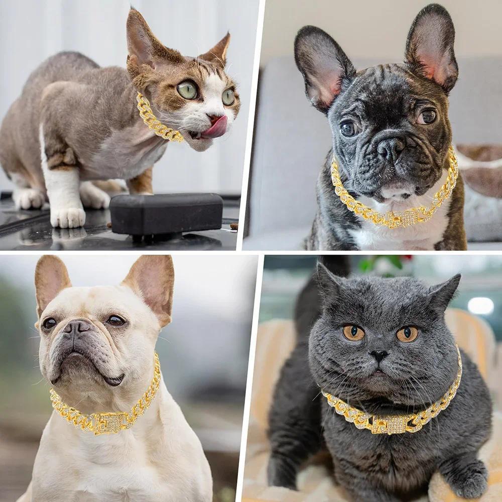1/2Pcs Dog Chain Diamond Cuban Collar Walking Metal Chain Collar With Design Secure Buckle Pet Cat Cuban Collar Accessories