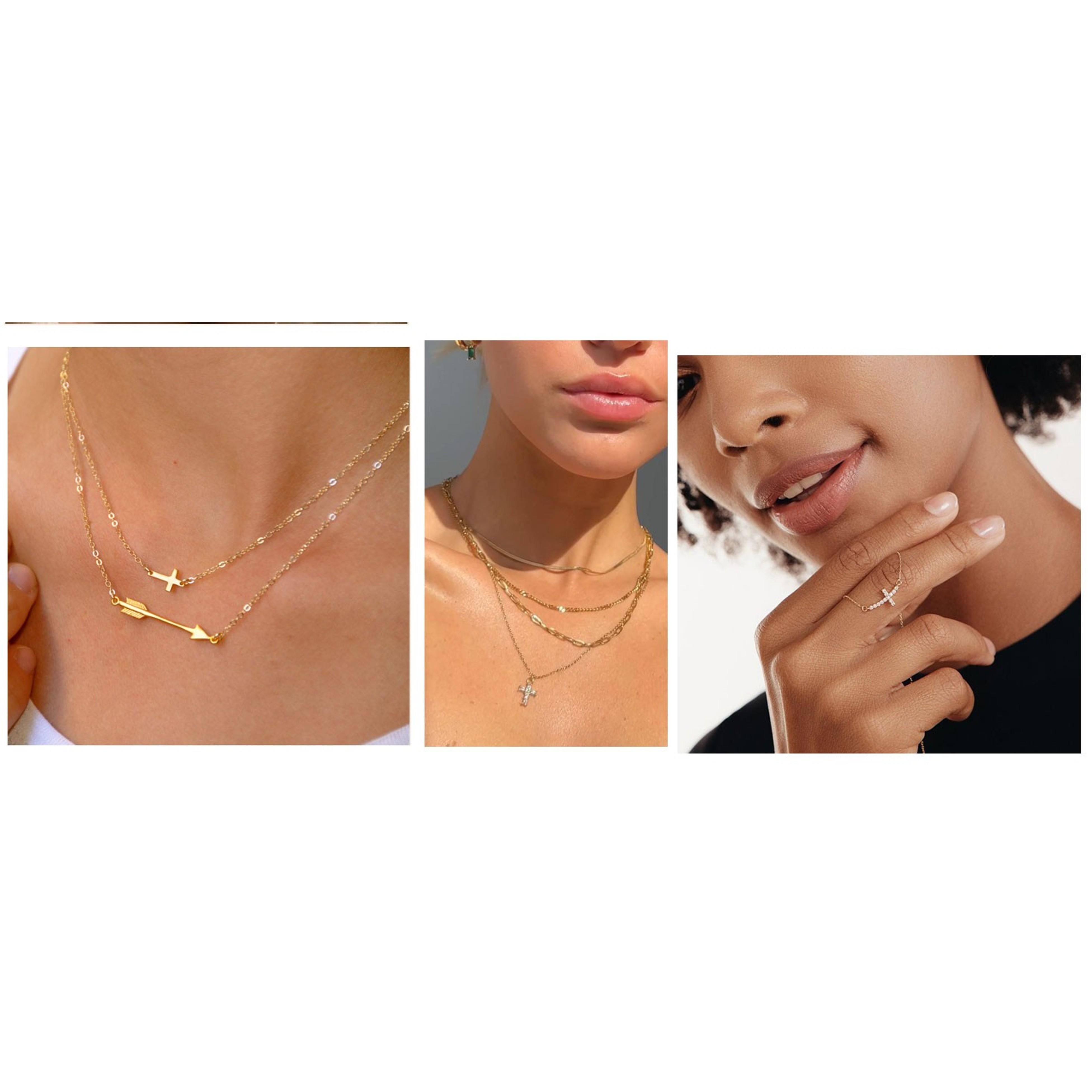 14K Gold Layered Cross Necklaces for Women, Tiny Sideways Cross Necklace, Minimalist Christian Jewelry Gifts for First Communion, Confirmation, Easter, 2Pcs