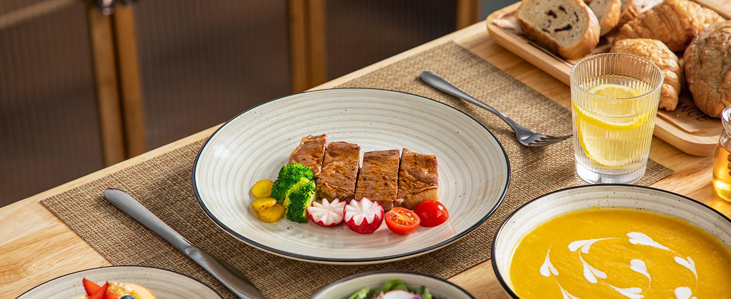 vancasso Bonbon Beige Dinner Set, 24 Pieces Dinner Sets for 6 People, Handpainted Swirls Plates and Bowls Set in Rustic Look, Include Dinner Plates, Dessert Plates, Pasta Bowls and Cereal Bowl Tableware Serving