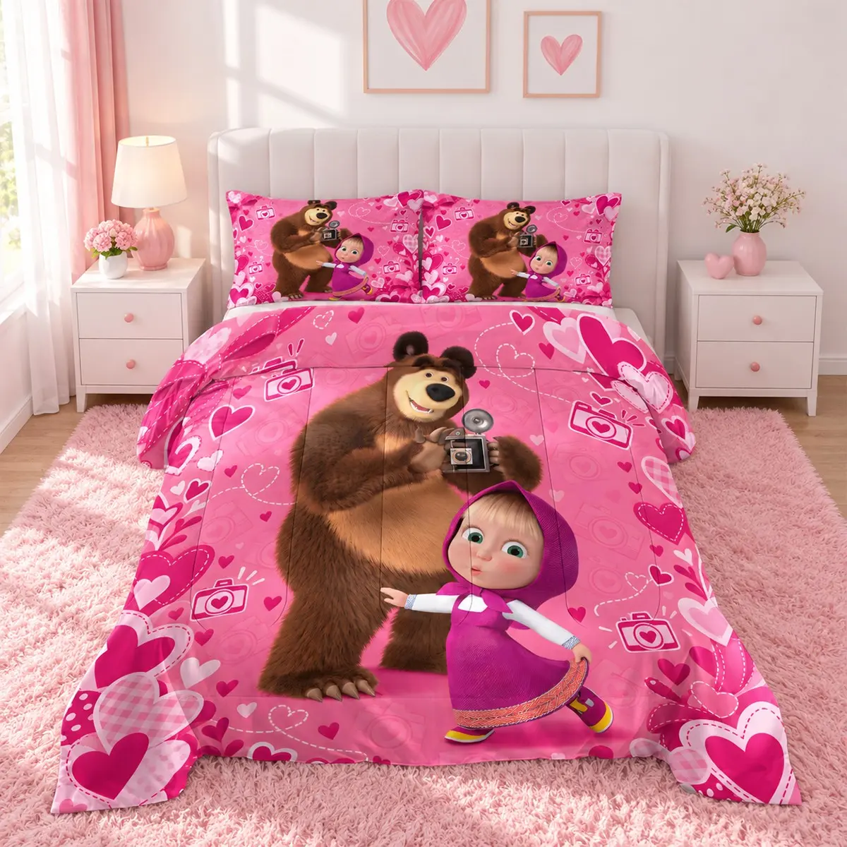 3-Piece Masha and the Bear Quilted Bedding Set with Pink Heart Print (includes 1 quilt and 2 pillowcases; pillow inserts not included); soft and comfortable; suitable for bedrooms, dorm rooms, and hotels