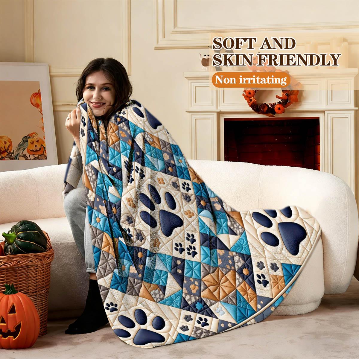 Dog Paw Print Patchwork Blanket, Lightweight Warm Flannel, Soft Breathable, Car Travel Bedroom Cover, Holiday Gift Pet Pad Multi-Use Rug