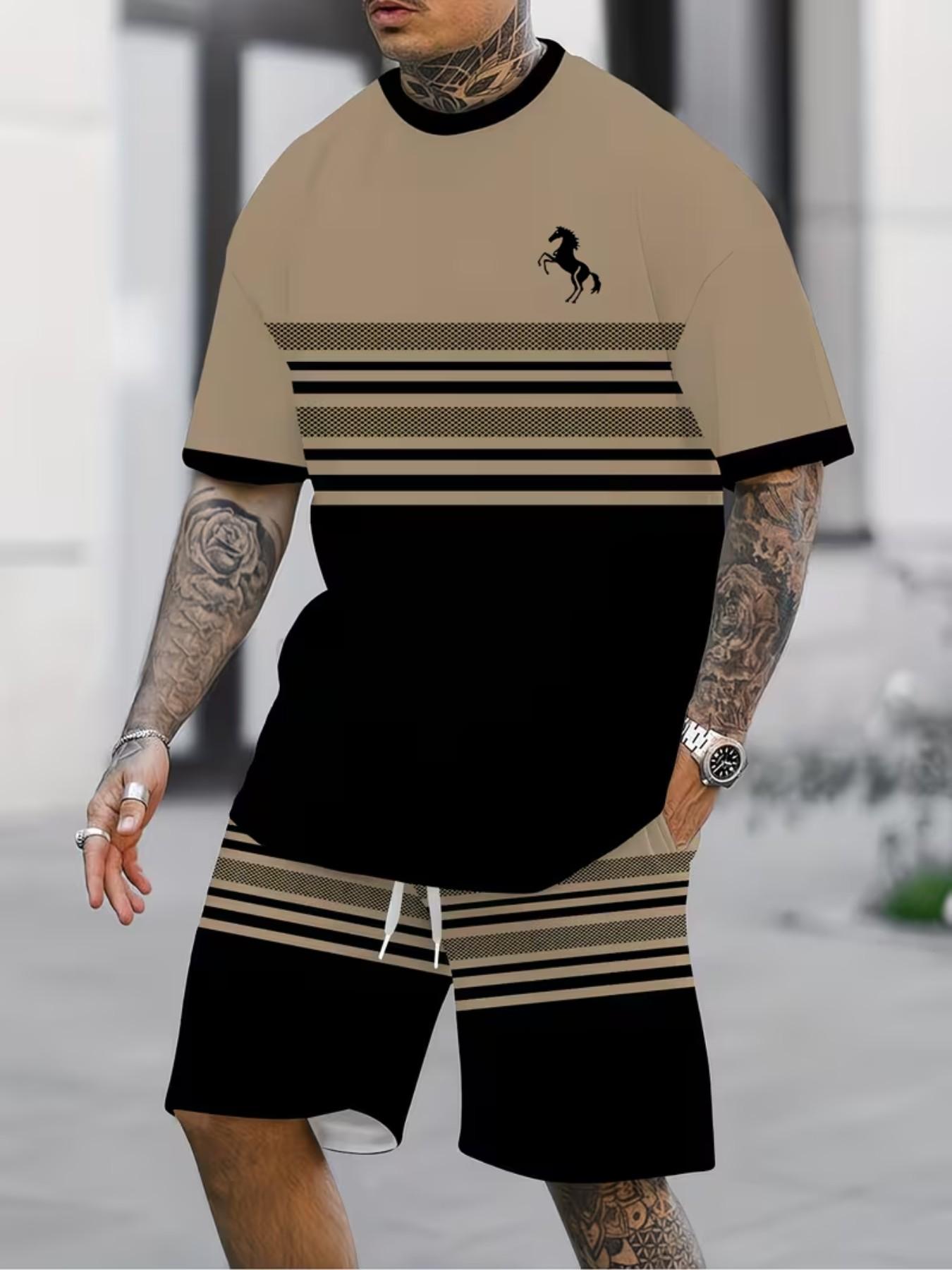 Men's Summer Casual Two-Piece Set, Round Neck Short Sleeve T-Shirt & Drawstring Pocket Shorts, Stretch Knit Fabric, Outdoor Sports