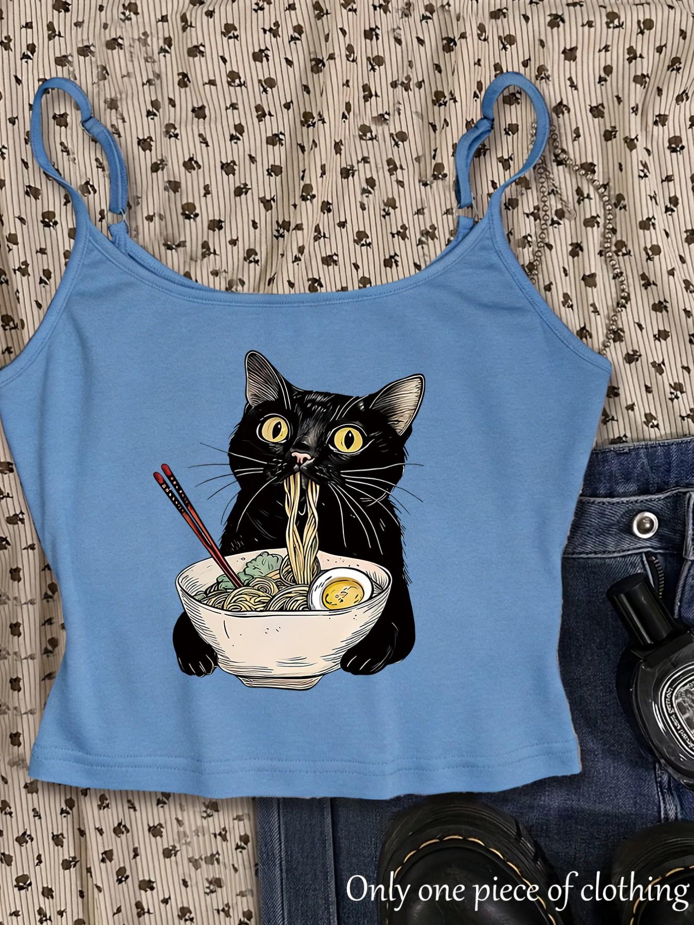 Y2K Gothic Style Cat Print Crop Top, Adjustable Straps, Slim Fit, Sleeveless, Streetwear, Summer New Arrival, Daily Wear, Office