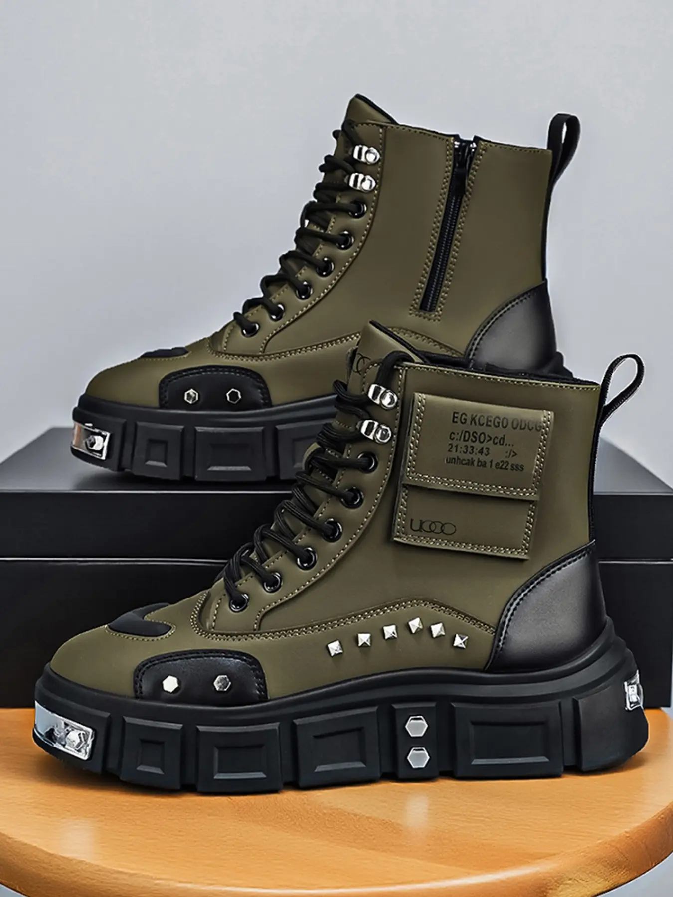 Men's Fashion Boots Footwear 39-47, Thick Sole Work Boots, Punk Rivet Boots, Lace-Up High Ankle Boots, Casual Streetwear, All Seasons