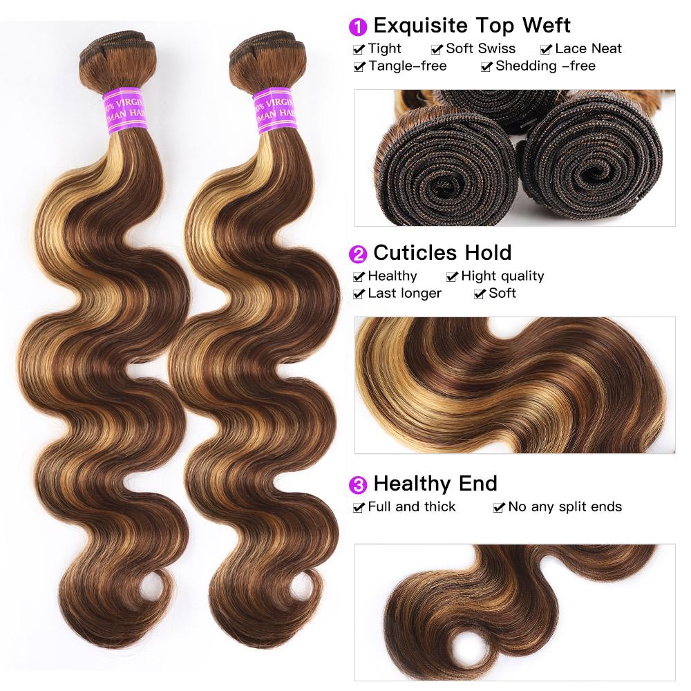 2x6 Lace Closure With Body Wave Bundles P4/27 Highlight Color Virgin Human Hair Weave Bundles With Closure 12-28 Inches