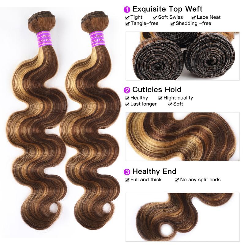 2x6 Lace Closure With Body Wave Bundles P4/27 Highlight Color Virgin Human Hair Weave Bundles With Closure 12-28 Inches