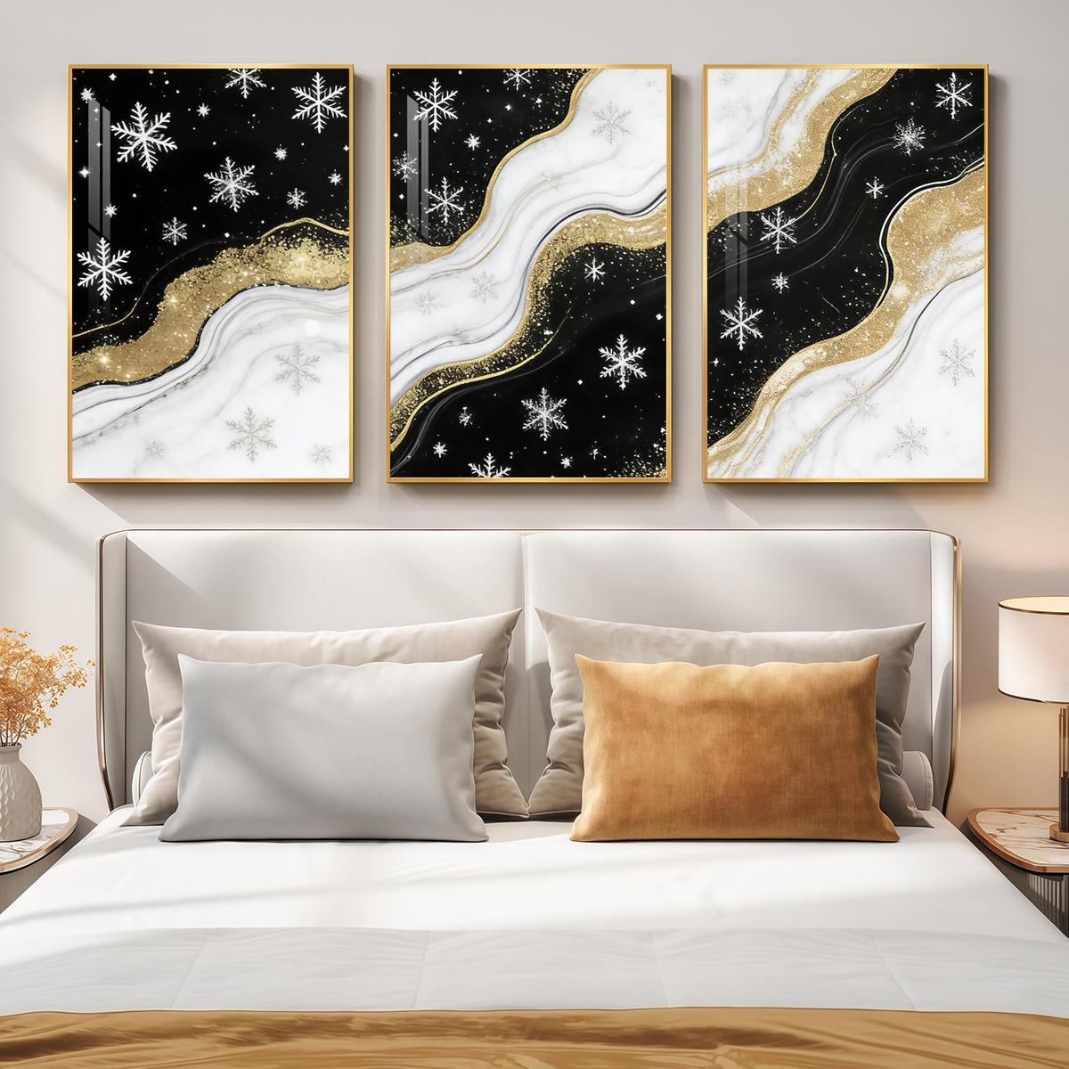 3 Counts Aluminum Alloy Framed Painting, Black White And Gold Snowflake Abstract Art Pictures, Home Decoration For Living Room, Bedroom, Office, Restaurant, Hallway Wall Decor, Odorless Print Artwork, Luxury Perfect Gift For Friends And Family