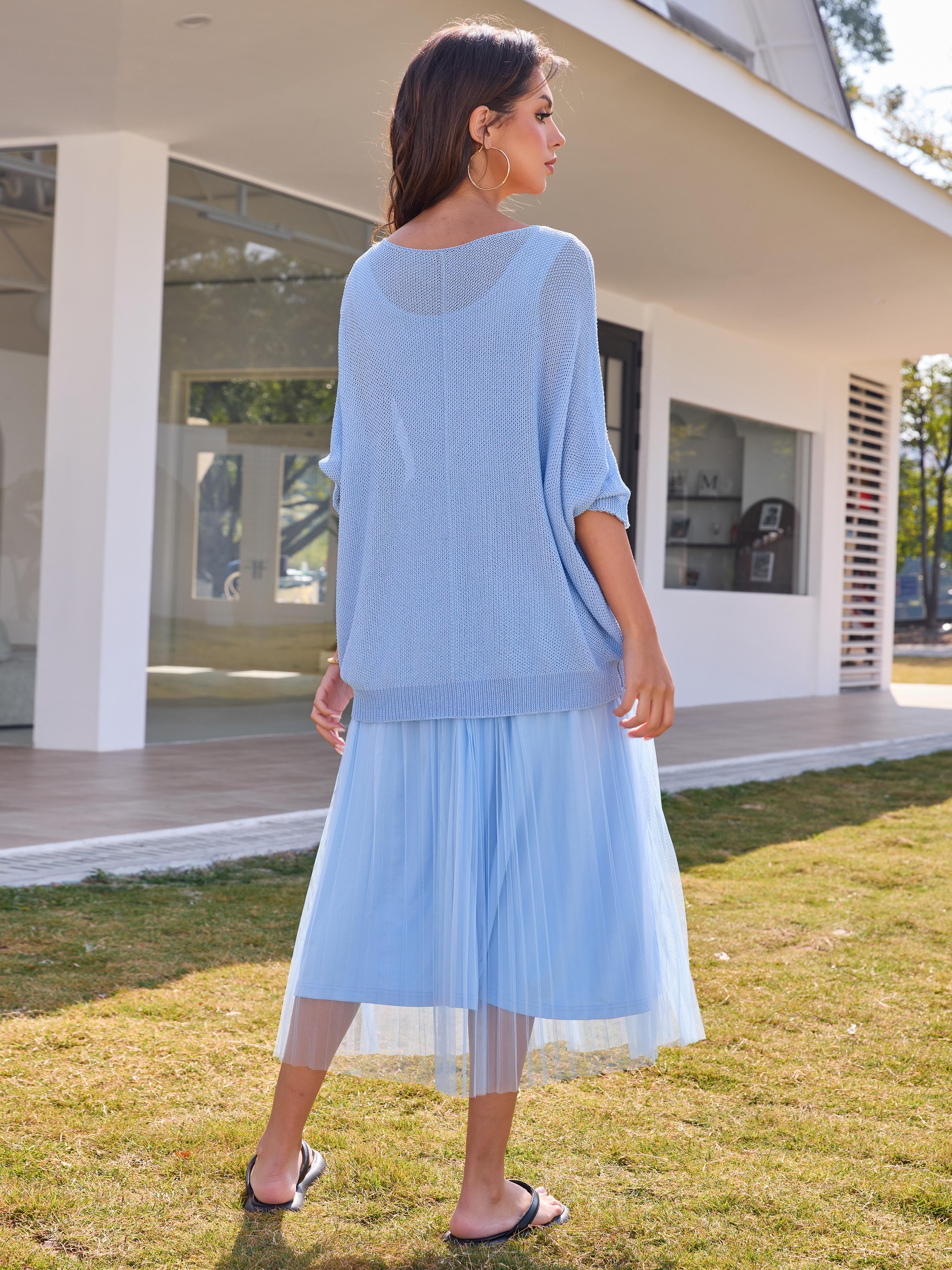 JOYFUNEAR Women's Solid Color Knit Top & Mesh Dress Two-Piece Set - Basic Black Elastic Fabric Loose Fit for Daily Outdoor Wear JOYFUNEAR Women's Solid Color Knit Top & Mesh Dress Two-Piece Set - Basic Black Elastic Fabric Loose Fit for Daily Outdoor Wear