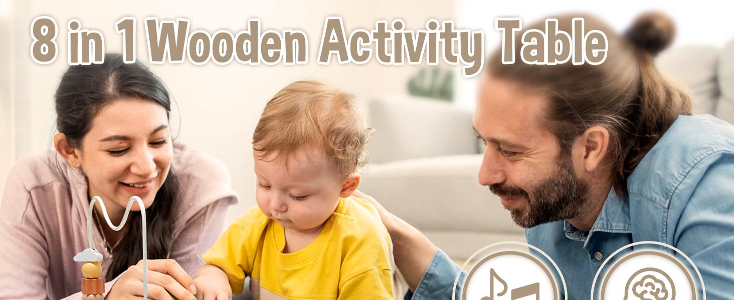 Joyreal Wooden Activity Table Busy Board for 18M+Toddler, with Fishing Game Bead Maze Shape Sorter Montessori Toys, Christmas Gift for Kid