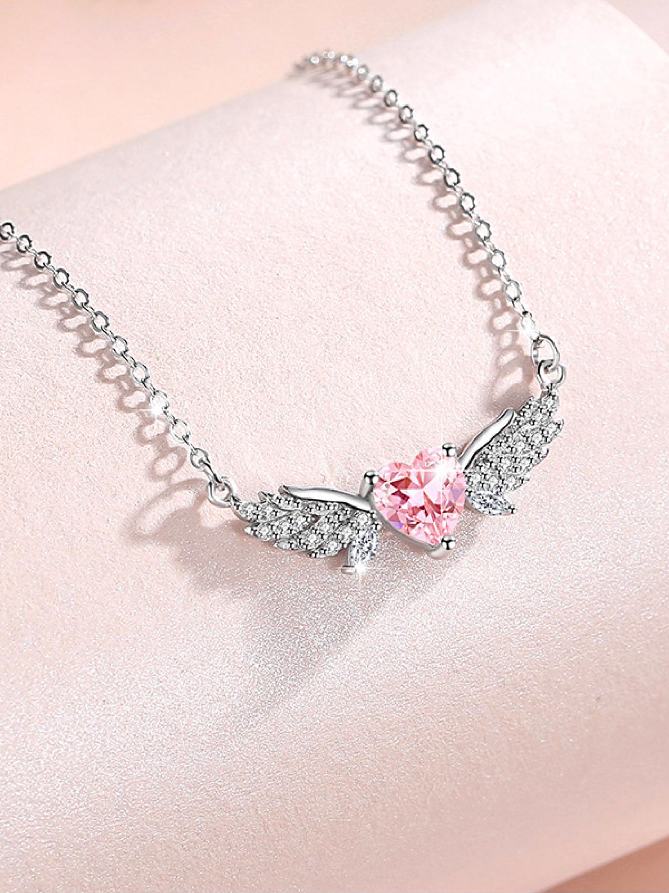 925 Sterling Silver Cute Heart & Wing Rhinestone Pendant Necklace, Adjustable Necklace for Women, Fashion Jewelry for Party, Daily Decor, Exquisite Jewelry for Gift