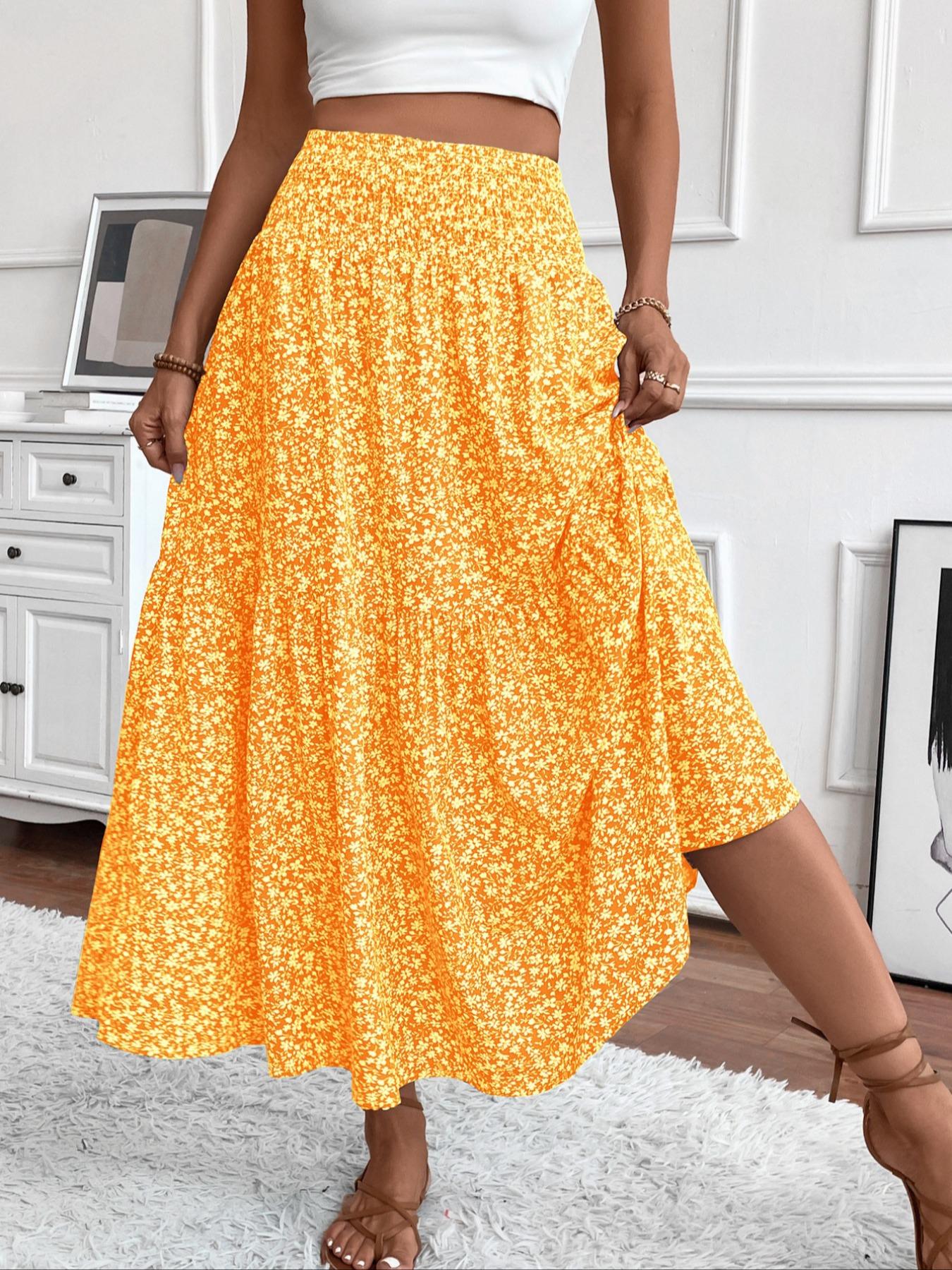 Women's Floral Elastic Waist Pleated Long Floor-Length Skirt