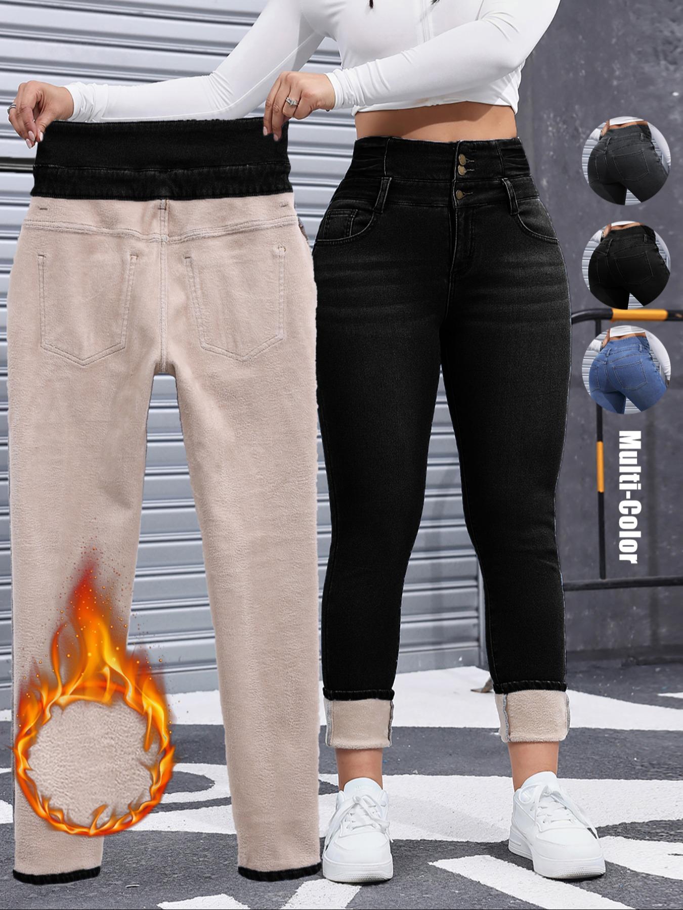 Amoyer Women's High Elasticity Fleece Lined Thick Denim Jeans, Fall & Winter Fashion, Comfortable Slimming Jeans, Elegant Style