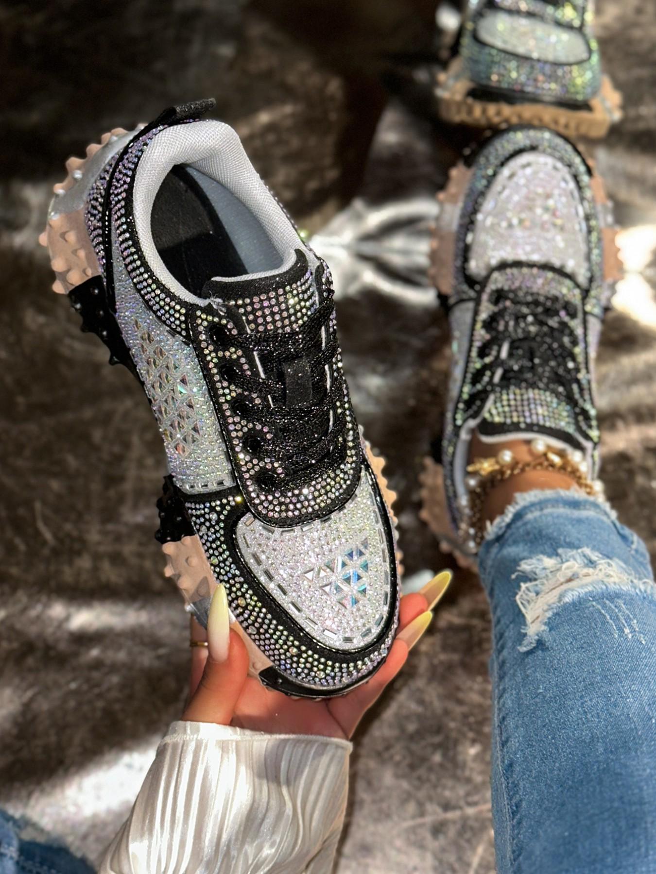 Silver Color Gradient Full Rhinestone Shoes, Diamond Cut Water Drills, 3D Flashing Pieces, Disco Reflective Effect, Thick Sole, Sweet Cool Style