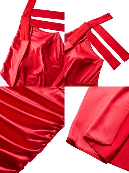 Christmas Dress For Women Elegant Plus Size Dresses, Sexy One Shoulder Ruched Split Thigh Satin Gown, Large Bow Detail, All Seasons Wear