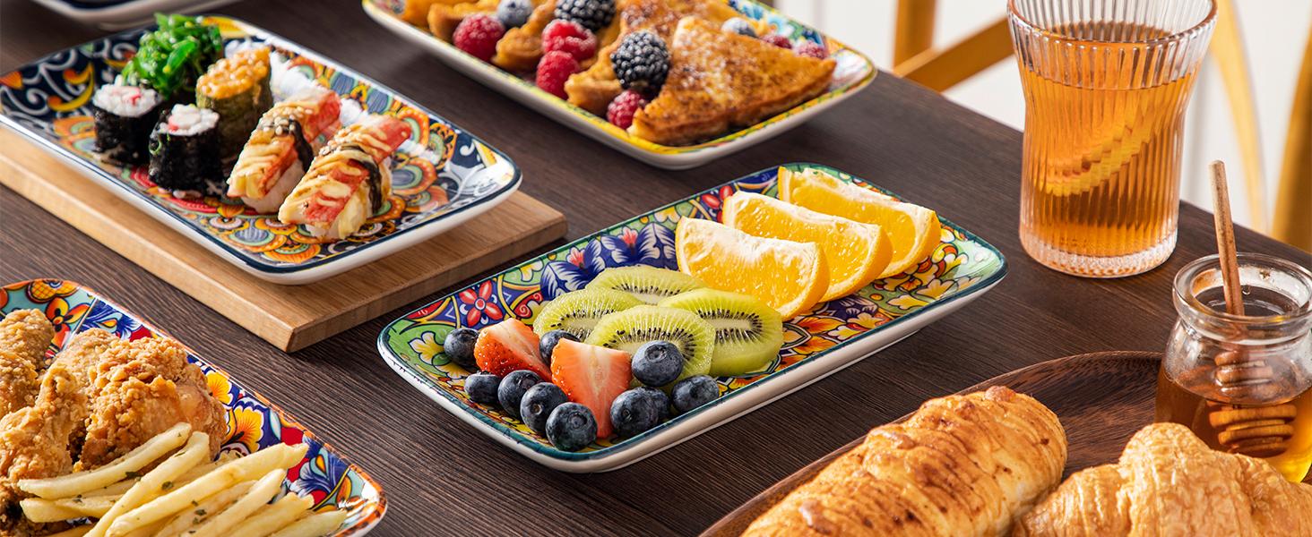 vancasso Simi Serving Platters & Plates Set – 3 Piece Rectangular Trays or 6 Piece Dinner Plates, Bohemian Ceramic Dish Set for Entertaining, Microwave & Dishwasher Safe Porcelain Dinnerware