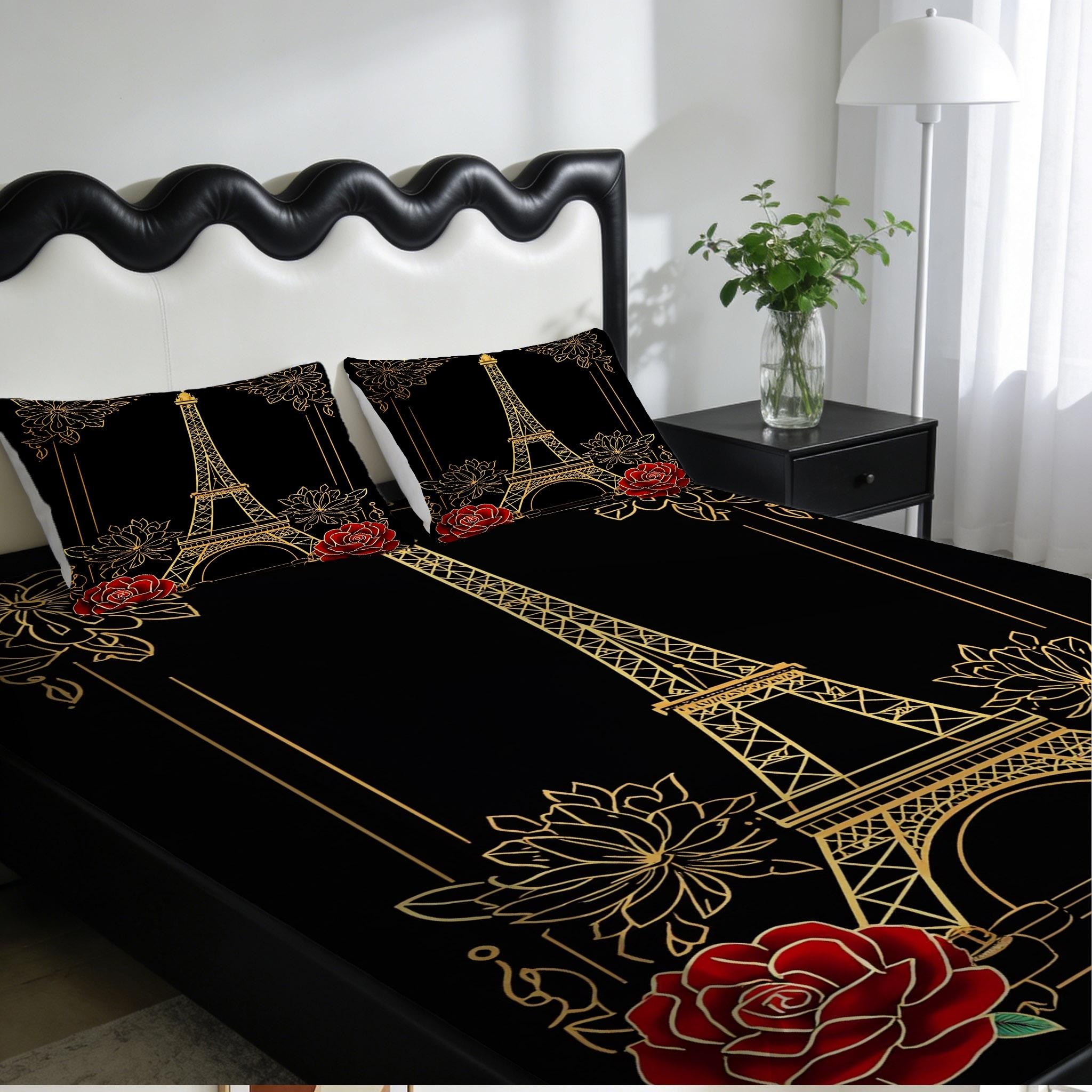 2/3 Pcs Paris Tower,Rose Theme Pattern Bedding Fitted Sheet Set(1* Fitted Sheet+1/2* Pillowcase,core Free),machine Washable,zipper Seal,multiple Sizes Suitable For All Seasons,suitable For Bedrooms,perfect Gift Festivals