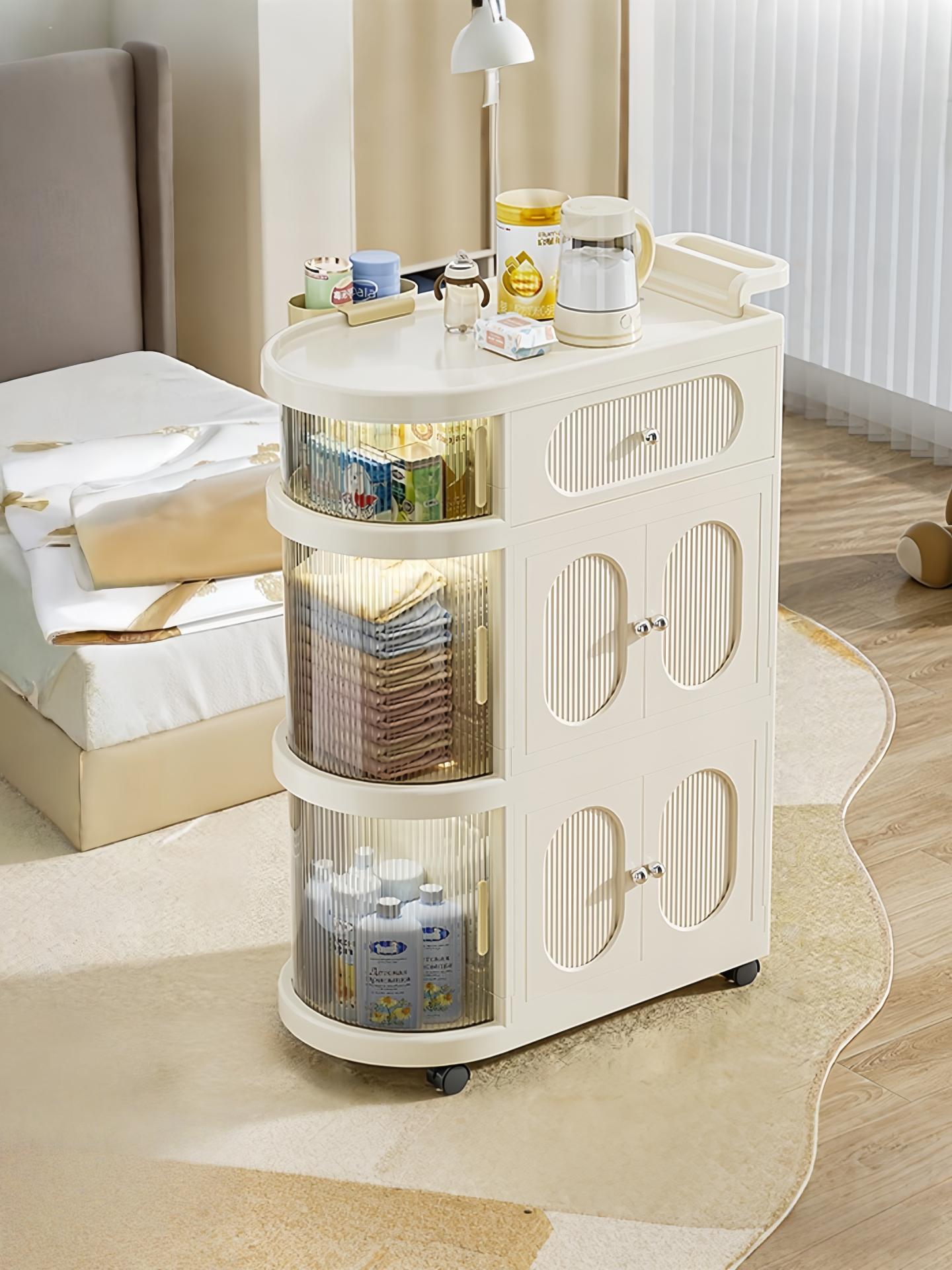 Multi-Layer Slim Storage Cart with Magnetic Doors - Portable Cabinet on Wheels with Handle, Large Capacity Organizer for Toys & Diapers, Foldable Trolley for Kids Room & Hallway, Easy Install Storage System