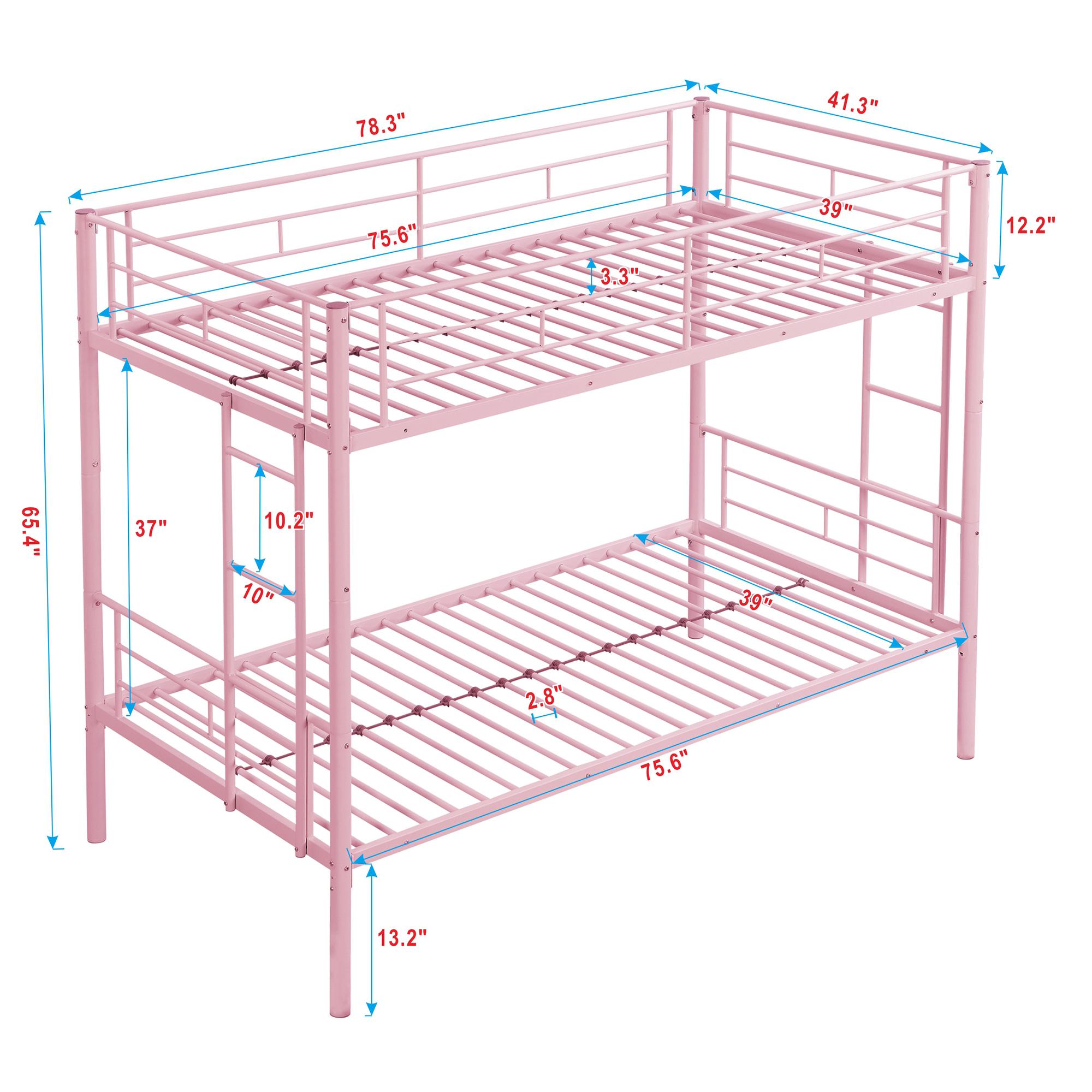 Twin Over Twin Bunk Bed with Built-in Ladder and Safety Guardrail, Heavy Duty Metal Bunkbeds, Convertible Metal Bunk Beds Twin, Space Saving, No Box Spring, Black/White/Pink/Silver