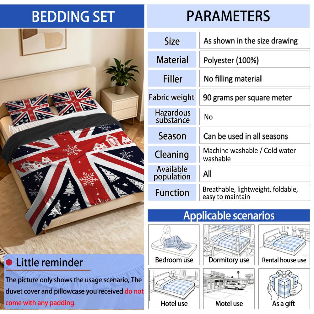The 3-piece Christmas-themed British flag bedding set includes one bedspread and two pillowcases, without fillings. It's soft and comfortable, suitable for single beds and double beds, and ideal for use in bedrooms, dormitories, and hotels.