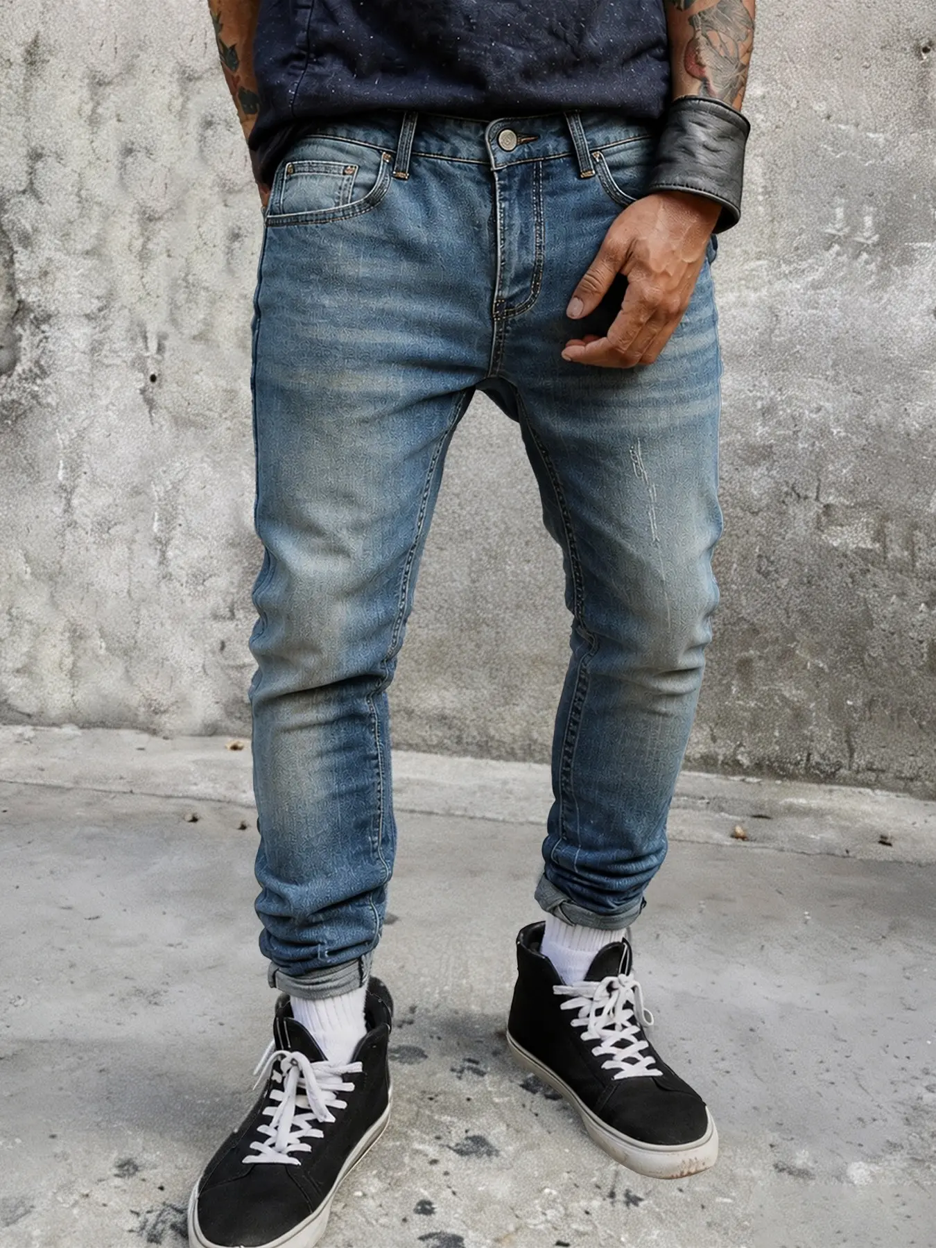 Men's Tight-Fit Jeans, American Vintage High Street Style, Conical Slim Fit, Light Blue Washed, Durable Elastic Fabric, Comfortable Daily Wear