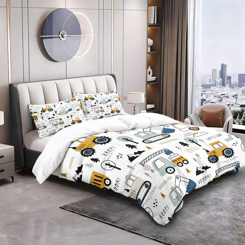 2/3Pcs Kids Construction Duvet Cover Set, Cute Cartoon Trucks Bedding Set, Boys Bedroom Decor Duvet Cover with Pillowcase, Soft Breathable Bedding for Toddler Kids Room No Fillers